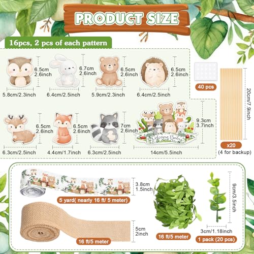 MotiMind Woodland Baby Shower DIY Diaper Cake Decoration Kit – Neutral Forest Animals, Burlap Ribbon, Sage Green Leaves