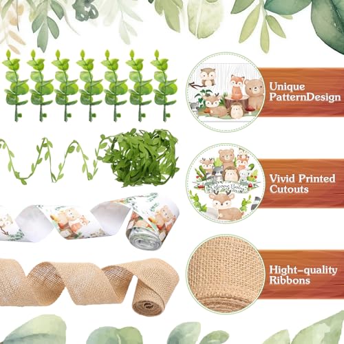 MotiMind Woodland Baby Shower DIY Diaper Cake Decoration Kit – Neutral Forest Animals, Burlap Ribbon, Sage Green Leaves