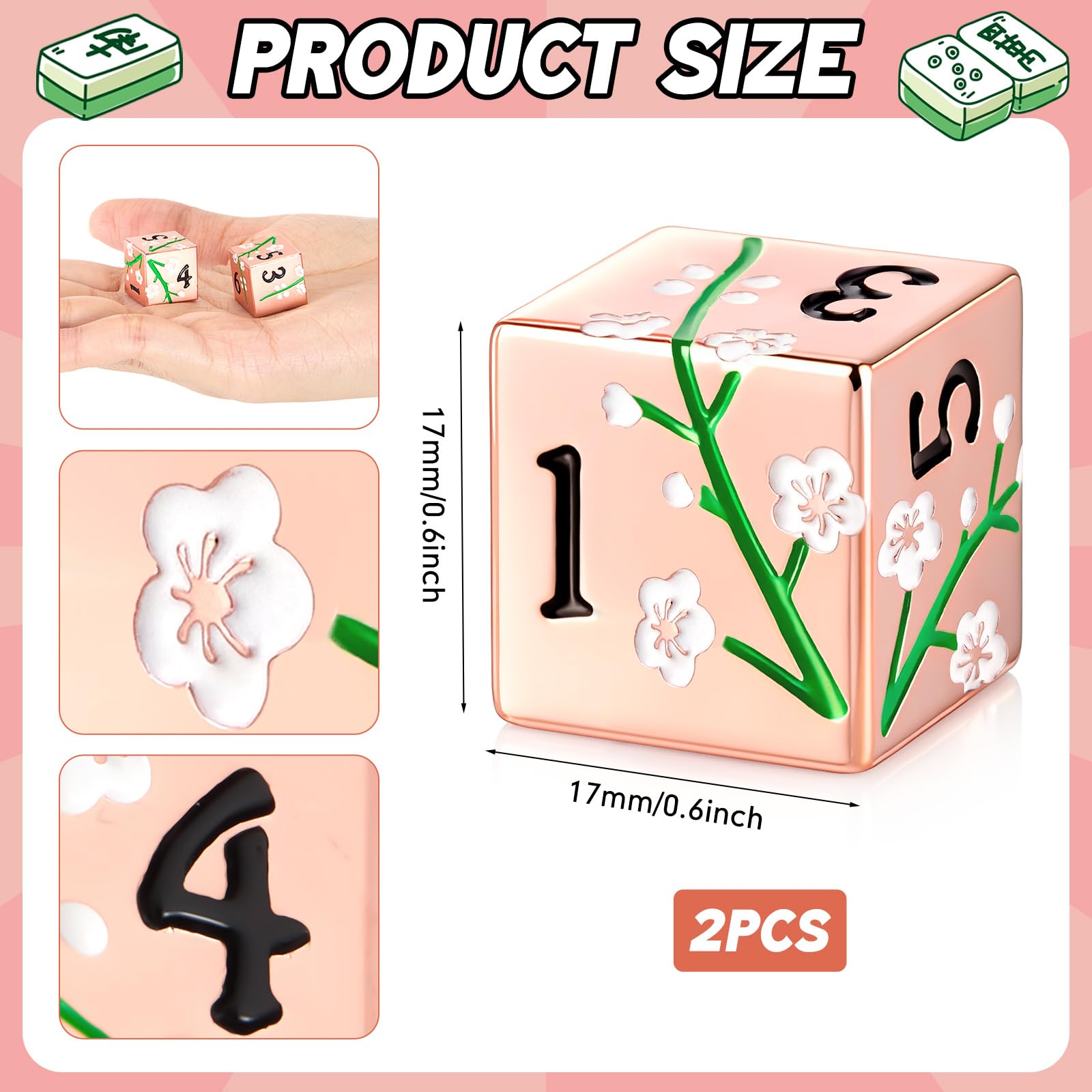 Motionchic 17mm Rose Gold Metal Mahjong Dice Set – 2 Durable Zinc Alloy Dice with Floral Pattern for Tabletop Games, Casino Nights, and Board Games