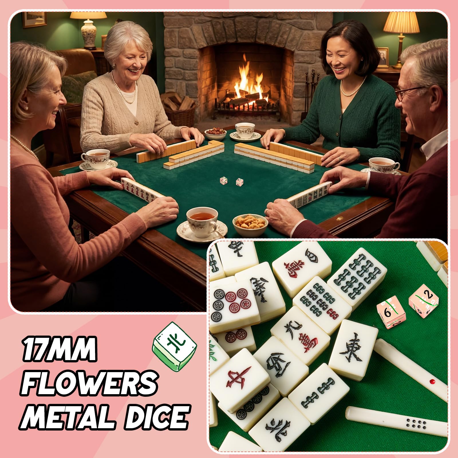 Motionchic 17mm Rose Gold Metal Mahjong Dice Set – 2 Durable Zinc Alloy Dice with Floral Pattern for Tabletop Games, Casino Nights, and Board Games