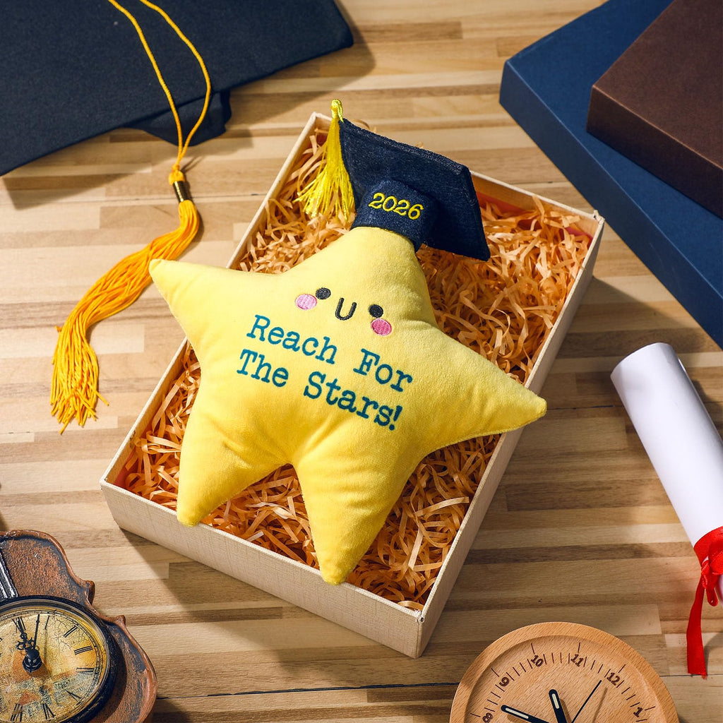 Motionchic Graduation Star Plush Toy with Cap and Tassel - 8.46 Inch Yellow Stuffed Animal with Hidden Pocket for Cards and Notes