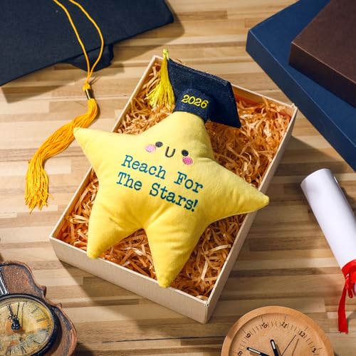 Motionchic Graduation Star Plush Toy with Cap and Tassel - 8.46 Inch Yellow Stuffed Animal with Hidden Pocket for Cards and Notes