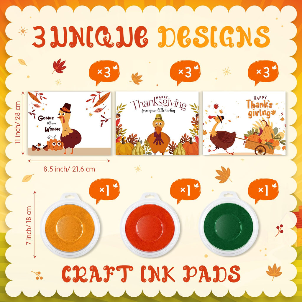 Motipuns 30-Piece Thanksgiving Handprint Craft Kit with 3 Large Ink Pads – Turkey Greeting Cards for Fall Holiday Activities