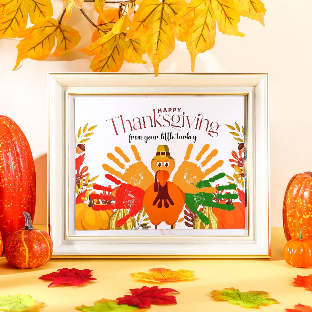 Motipuns 30-Piece Thanksgiving Handprint Craft Kit with 3 Large Ink Pads – Turkey Greeting Cards for Fall Holiday Activities