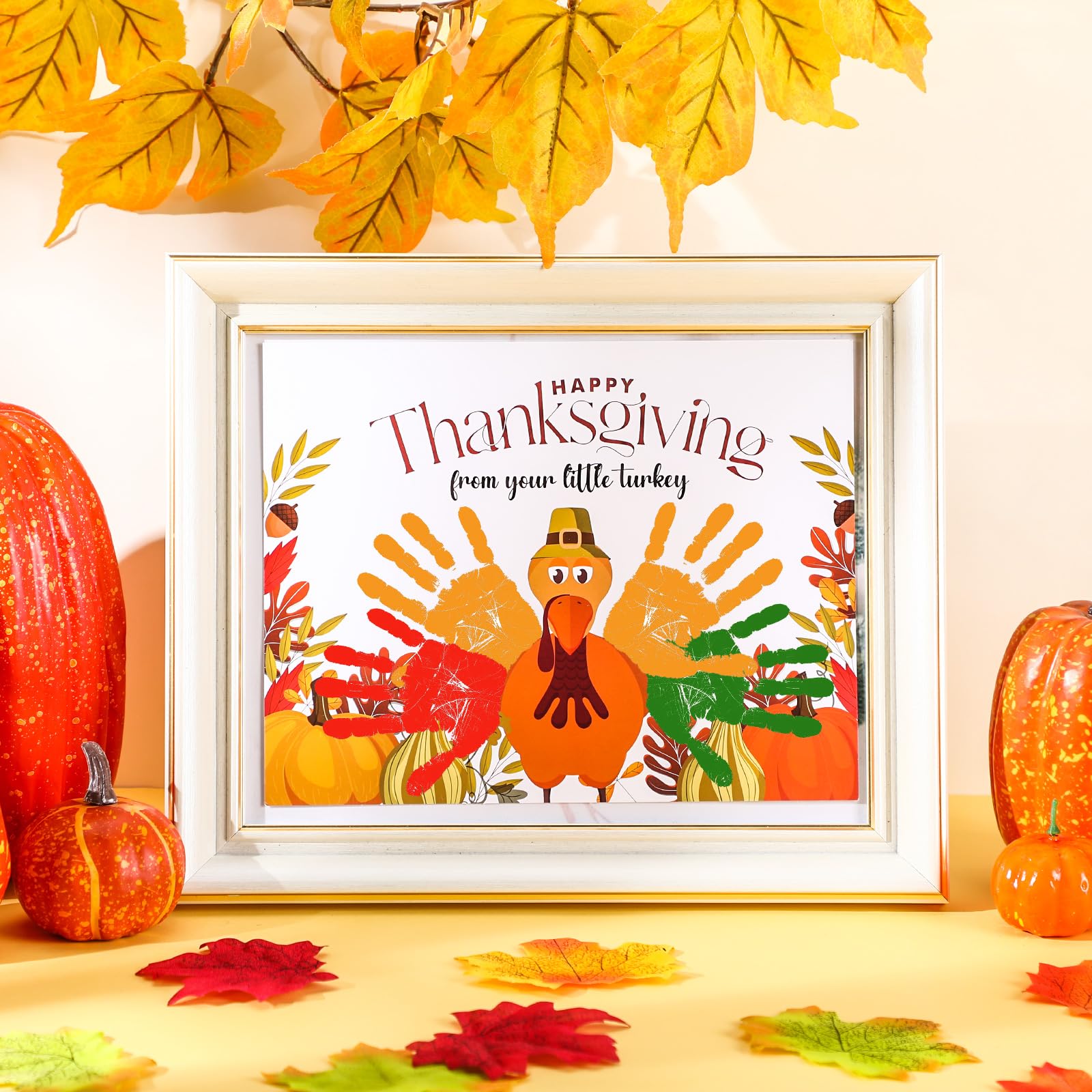 Motipuns 30-Piece Thanksgiving Handprint Craft Kit with 3 Large Ink Pads – Turkey Greeting Cards for Fall Holiday Activities