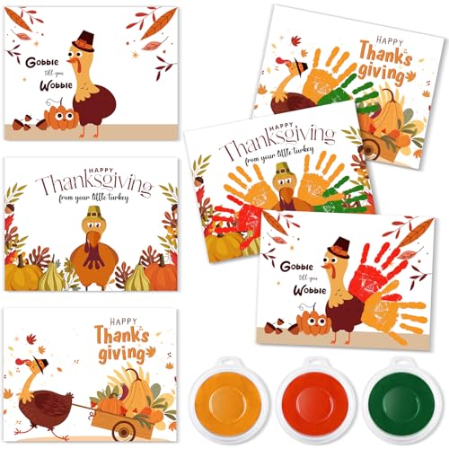 Motipuns 30-Piece Thanksgiving Handprint Craft Kit with 3 Large Ink Pads – Turkey Greeting Cards for Fall Holiday Activities