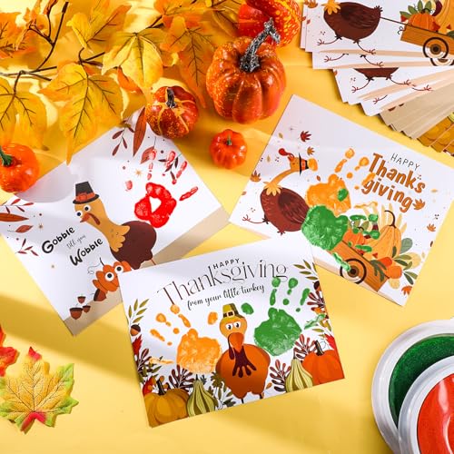 Motipuns 30-Piece Thanksgiving Handprint Craft Kit with 3 Large Ink Pads – Turkey Greeting Cards for Fall Holiday Activities