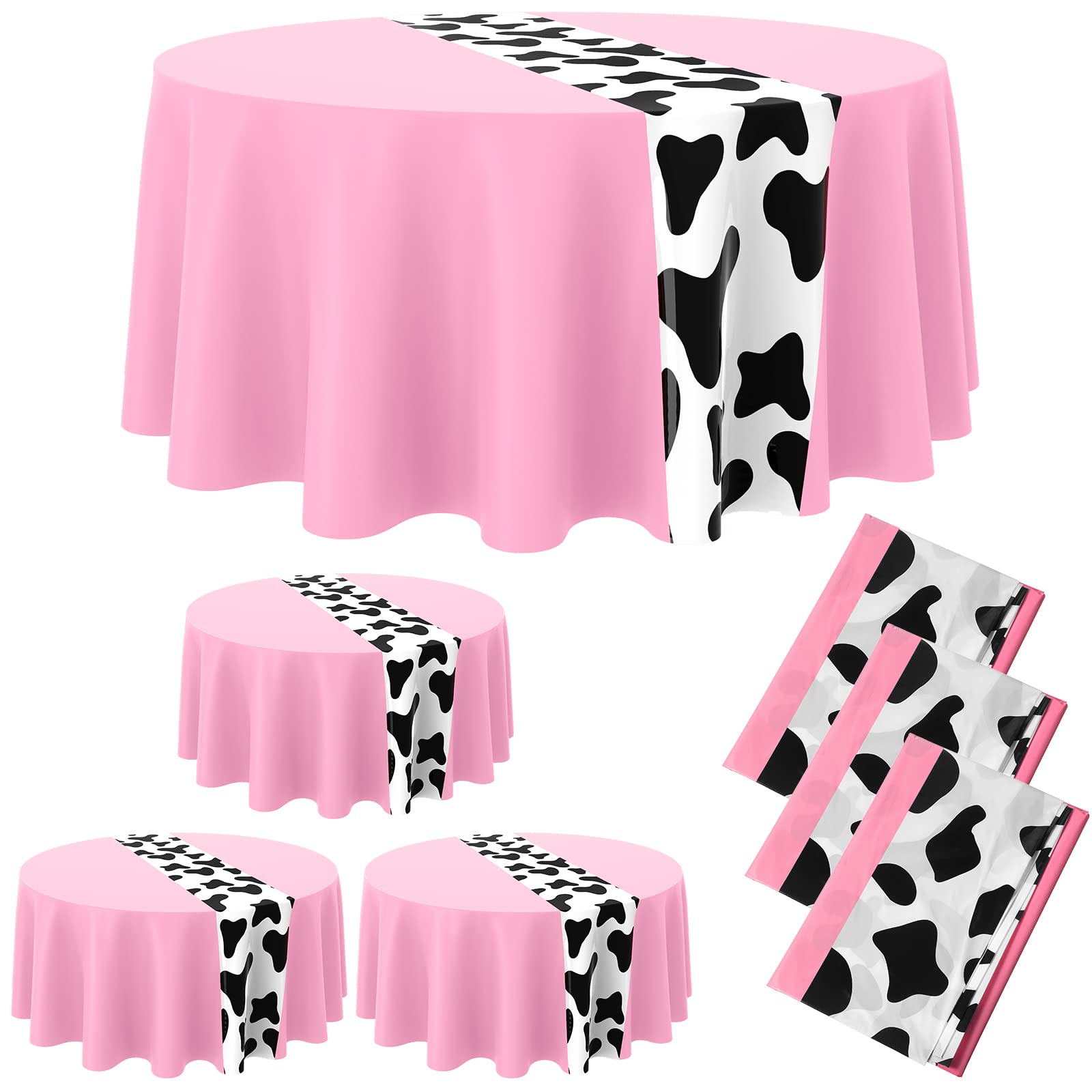 Moukeren 3-Pack Pink Cow Print Round Plastic Tablecloths – 84 Inch Disposable Party Table Covers