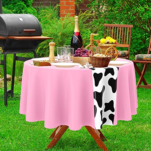 Moukeren 3-Pack Pink Cow Print Round Plastic Tablecloths – 84 Inch Disposable Party Table Covers