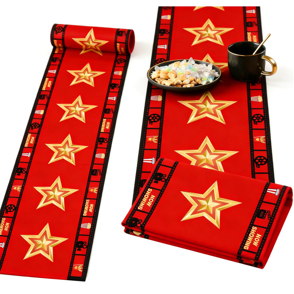 Movie Night Table Runner Set 2 Pack 13x72 Inch, Gold Star & Film Reel Design, Flax Fabric Party Decor
