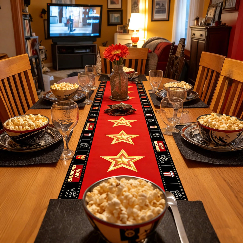 Movie Night Table Runner Set 2 Pack 13x72 Inch, Gold Star & Film Reel Design, Flax Fabric Party Decor