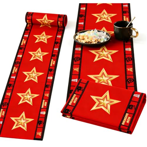 Movie Night Table Runner Set 2 Pack 13x72 Inch, Gold Star & Film Reel Design, Flax Fabric Party Decor