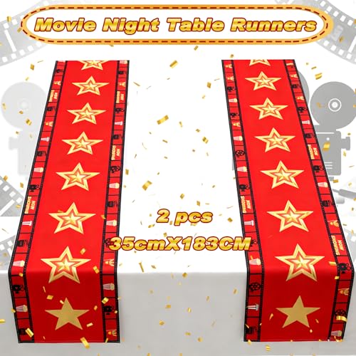 Movie Night Table Runner Set 2 Pack 13x72 Inch, Gold Star & Film Reel Design, Flax Fabric Party Decor