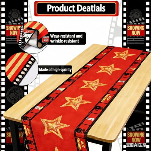 Movie Night Table Runner Set 2 Pack 13x72 Inch, Gold Star & Film Reel Design, Flax Fabric Party Decor