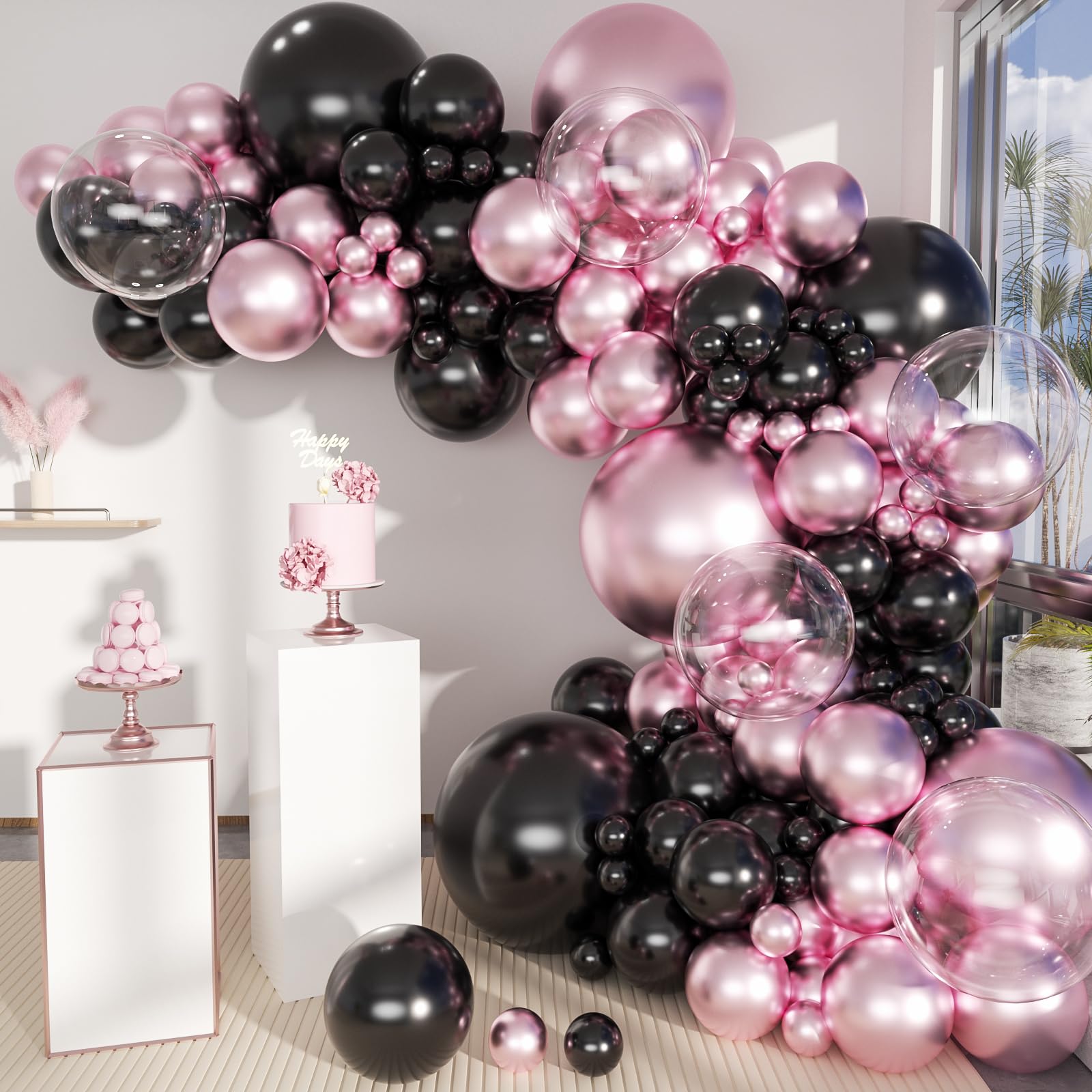 MOXMAY 151-Piece Metallic Pink and Black Balloon Arch Kit for Party Decorations with Assembly Accessories