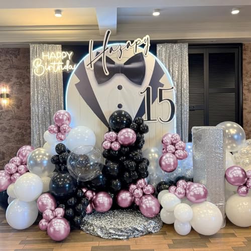 MOXMAY 151-Piece Metallic Pink and Black Balloon Arch Kit for Party Decorations with Assembly Accessories