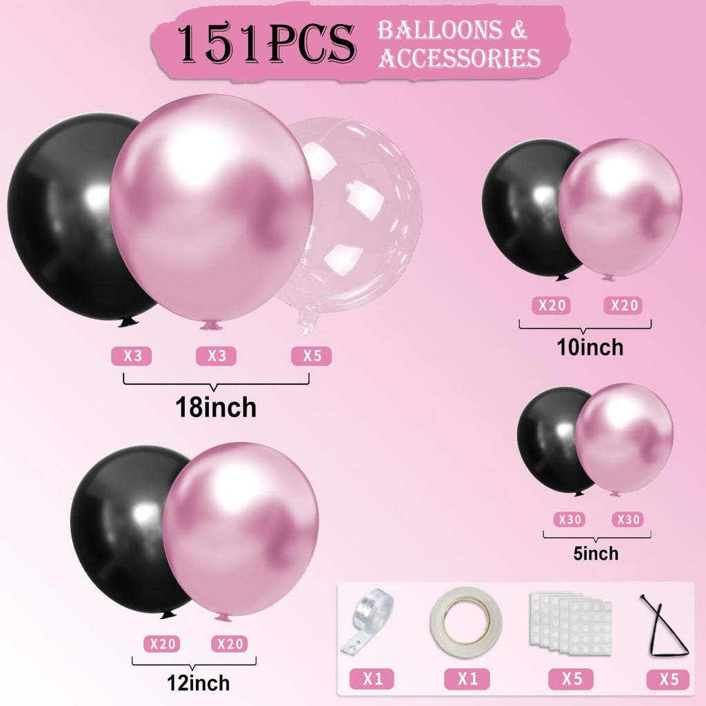 MOXMAY 151-Piece Metallic Pink and Black Balloon Arch Kit for Party Decorations with Assembly Accessories