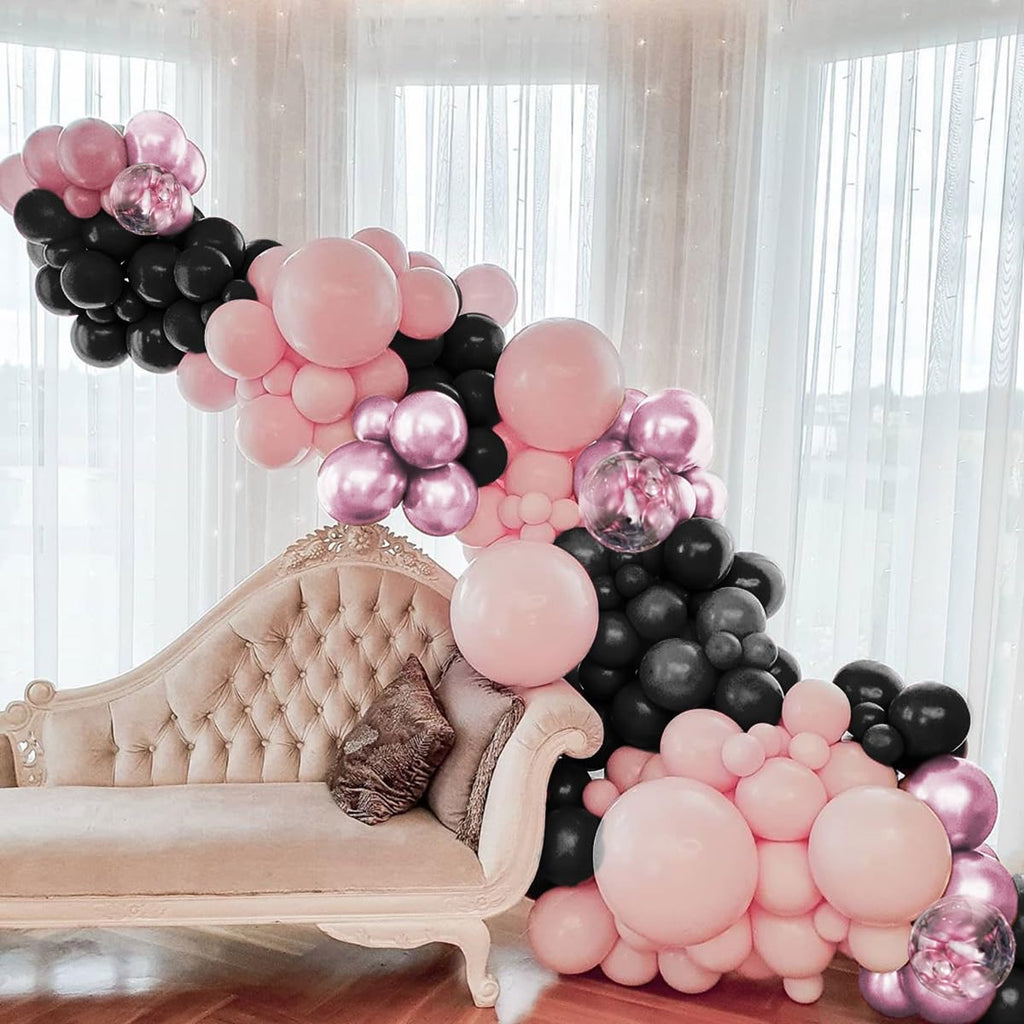 MOXMAY 151-Piece Metallic Pink and Black Balloon Arch Kit for Party Decorations with Assembly Accessories