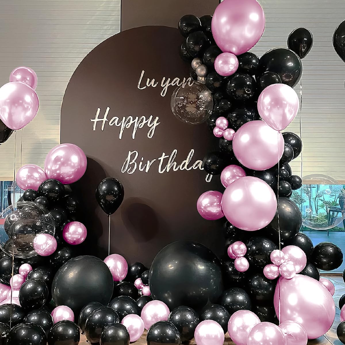 MOXMAY 151-Piece Metallic Pink and Black Balloon Arch Kit for Party Decorations with Assembly Accessories