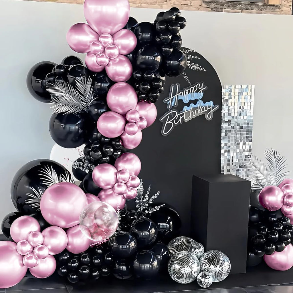MOXMAY 151-Piece Metallic Pink and Black Balloon Arch Kit for Party Decorations with Assembly Accessories