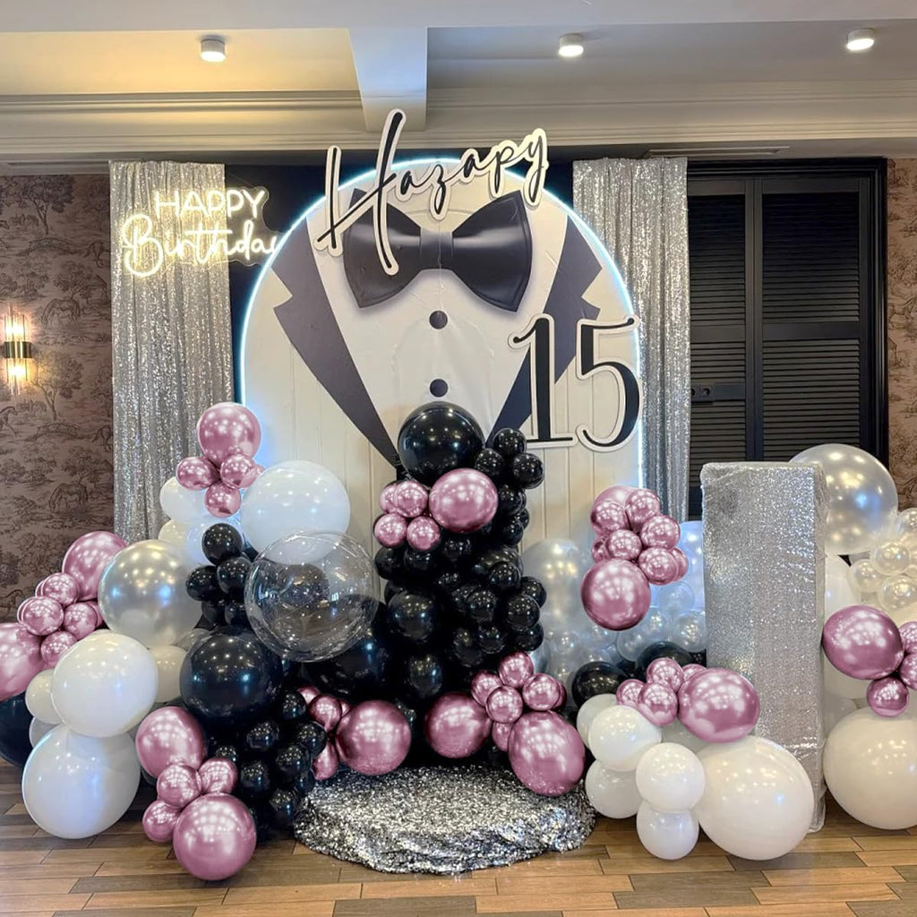 MOXMAY 151-Piece Metallic Pink and Black Balloon Arch Kit for Party Decorations with Assembly Accessories