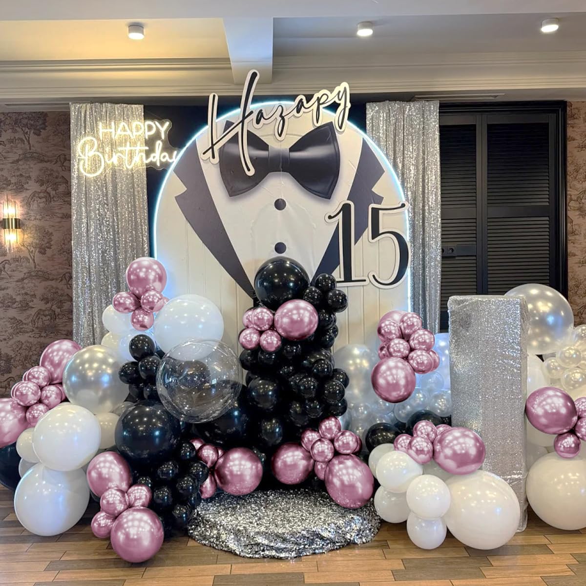MOXMAY 151-Piece Metallic Pink and Black Balloon Arch Kit for Party Decorations with Assembly Accessories