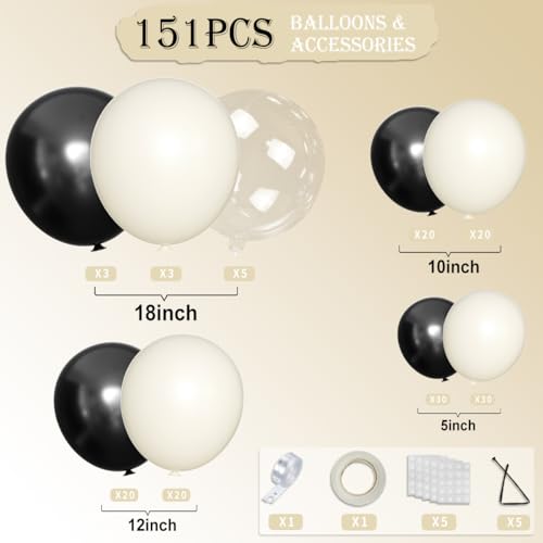 MOXMAY 151Pcs Black and White Sand Balloon Arch Kit with Bobo Balloons for Party Decor