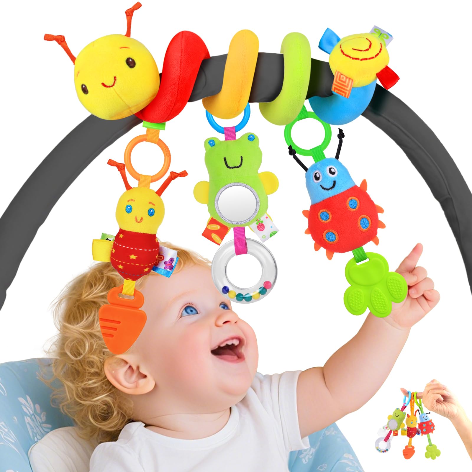 MPQMPQ Car Seat Toys for Babies 0-6 Months - Spiral Hanging Toy with Detachable Rattles