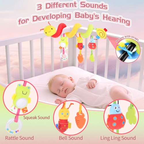 MPQMPQ Car Seat Toys for Babies 0-6 Months - Spiral Hanging Toy with Detachable Rattles