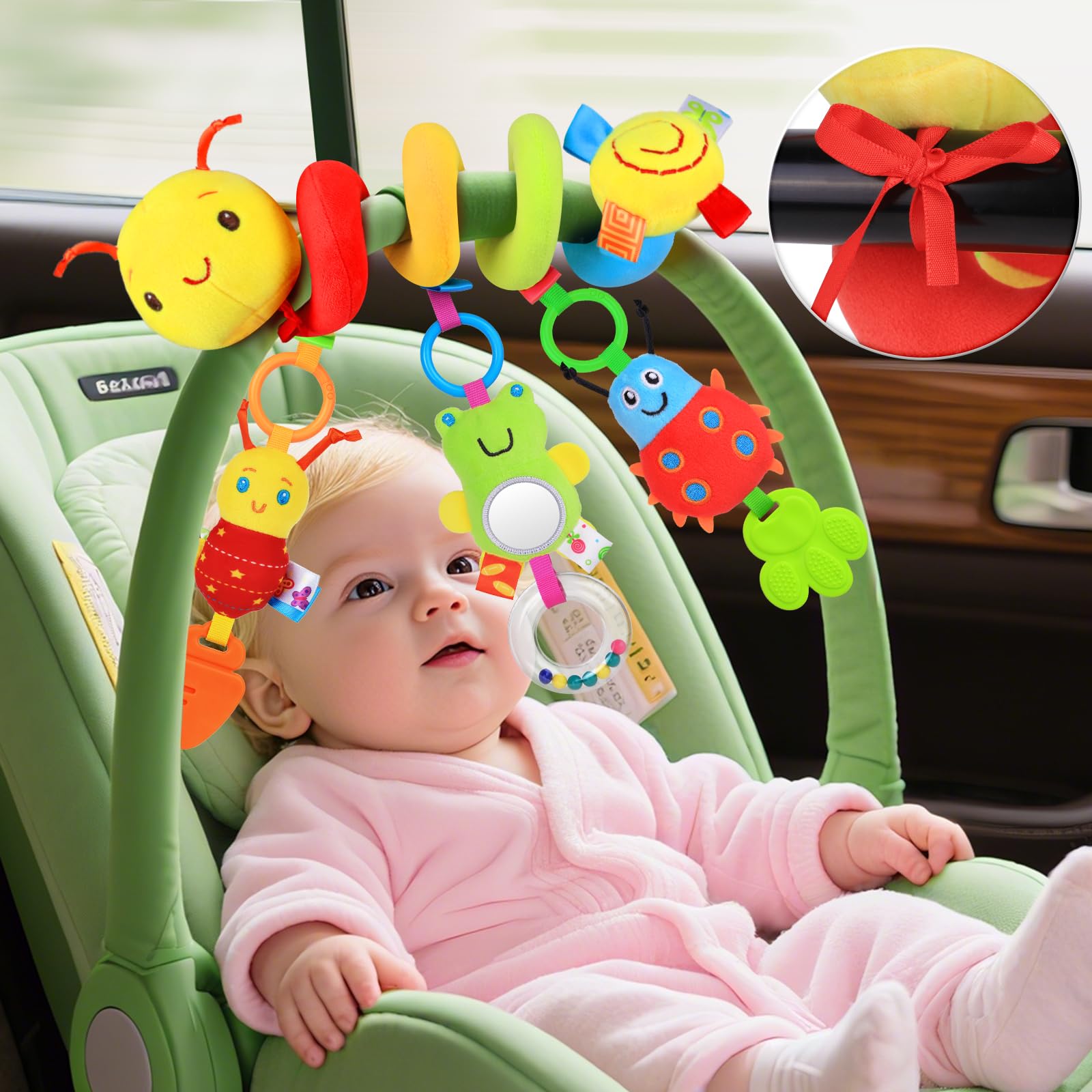 MPQMPQ Car Seat Toys for Babies 0-6 Months - Spiral Hanging Toy with Detachable Rattles