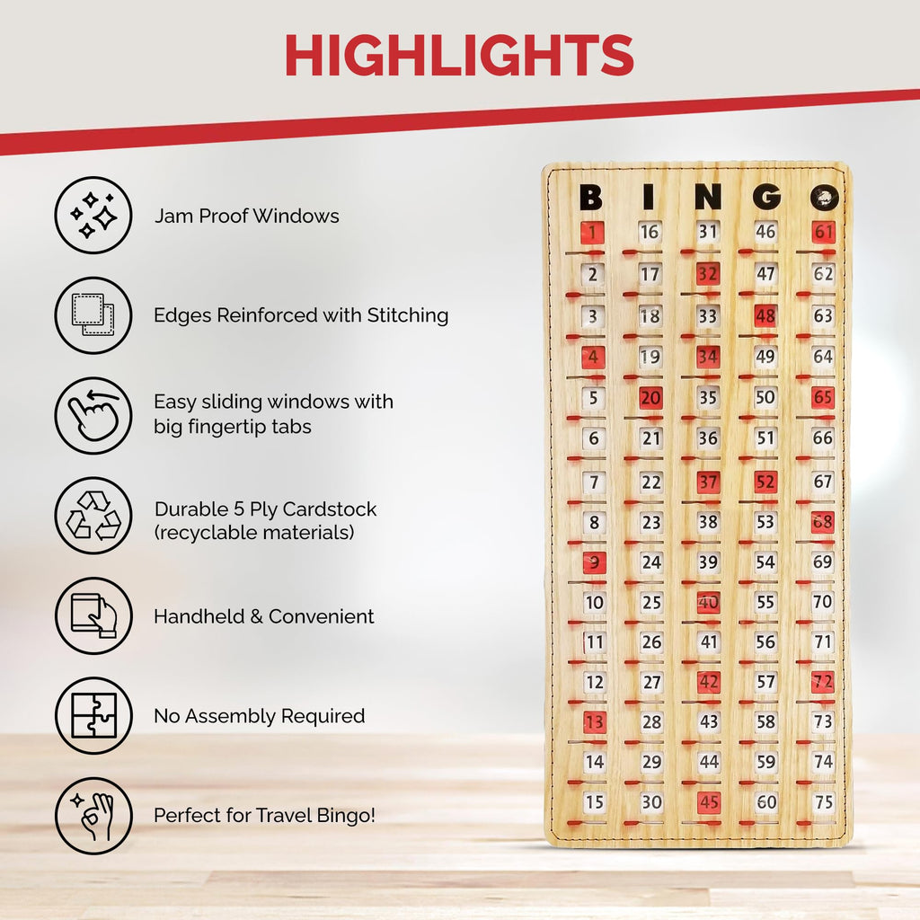 MR CHIPS Large Bingo Master Board – Jam-Proof Sliding Windows, Tan Woodgrain, Reusable
