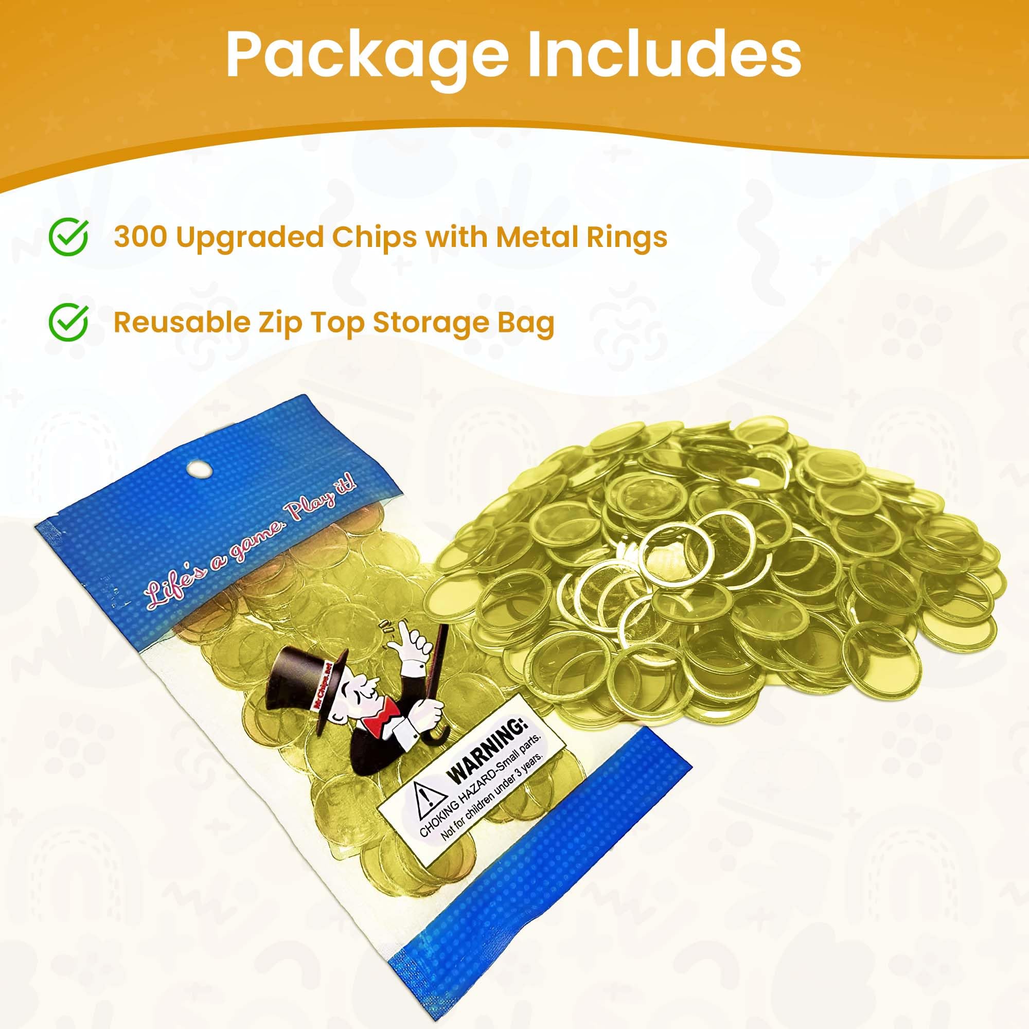 MR CHIPS Magnetic Bingo Chips 3/4 Inch 300 Pieces Yellow Transparent with Metal Ring and Storage Bag