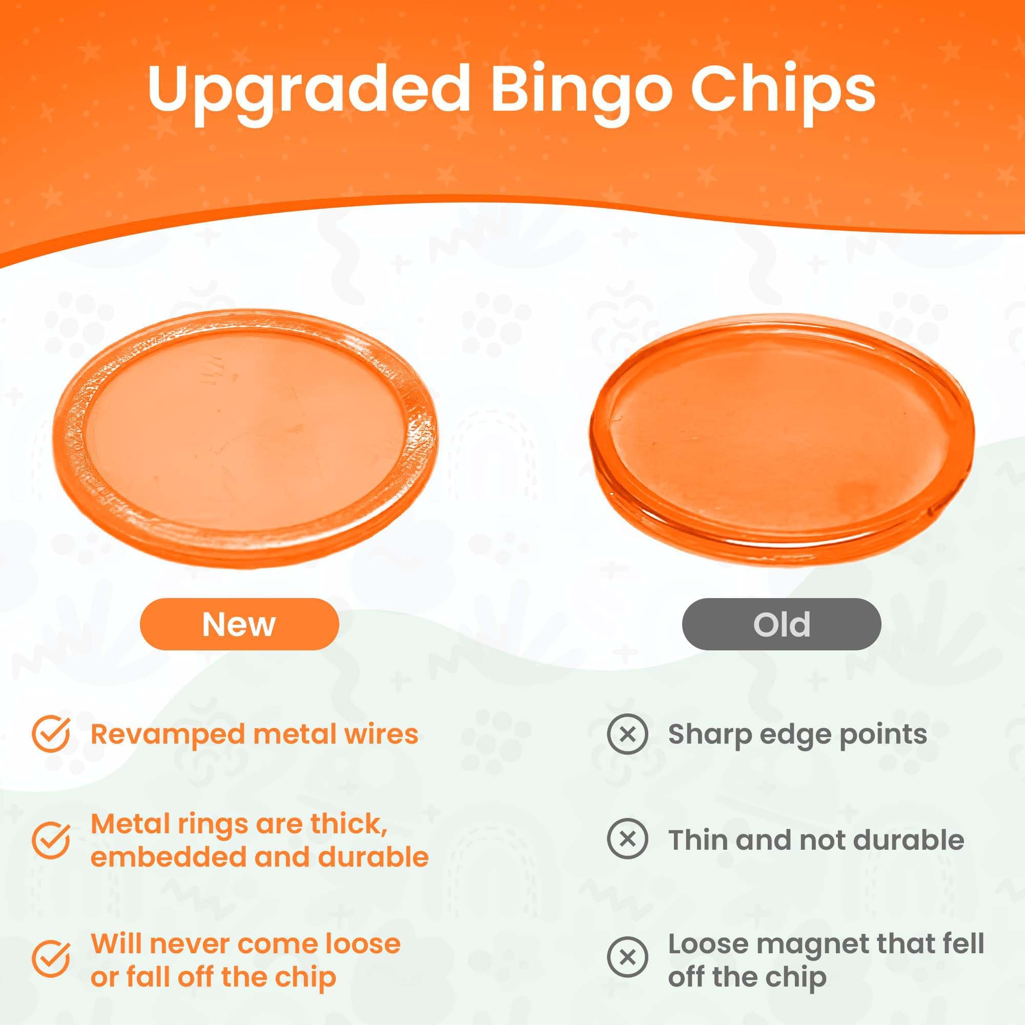 MR CHIPS Magnetic Bingo Chips with Metal Ring – 200 Orange Transparent 3/4 Inch Pieces in Reusable Storage Bag