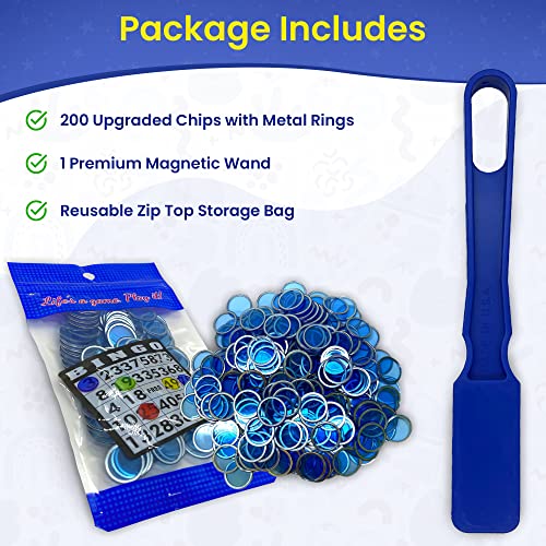 MR CHIPS Magnetic Bingo Wand Set - 200 Blue 3/4-Inch Chips with Metal Rings, Heavy-Duty Magnet, Made in USA