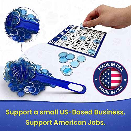 MR CHIPS Magnetic Bingo Wand Set - 200 Blue 3/4-Inch Chips with Metal Rings, Heavy-Duty Magnet, Made in USA