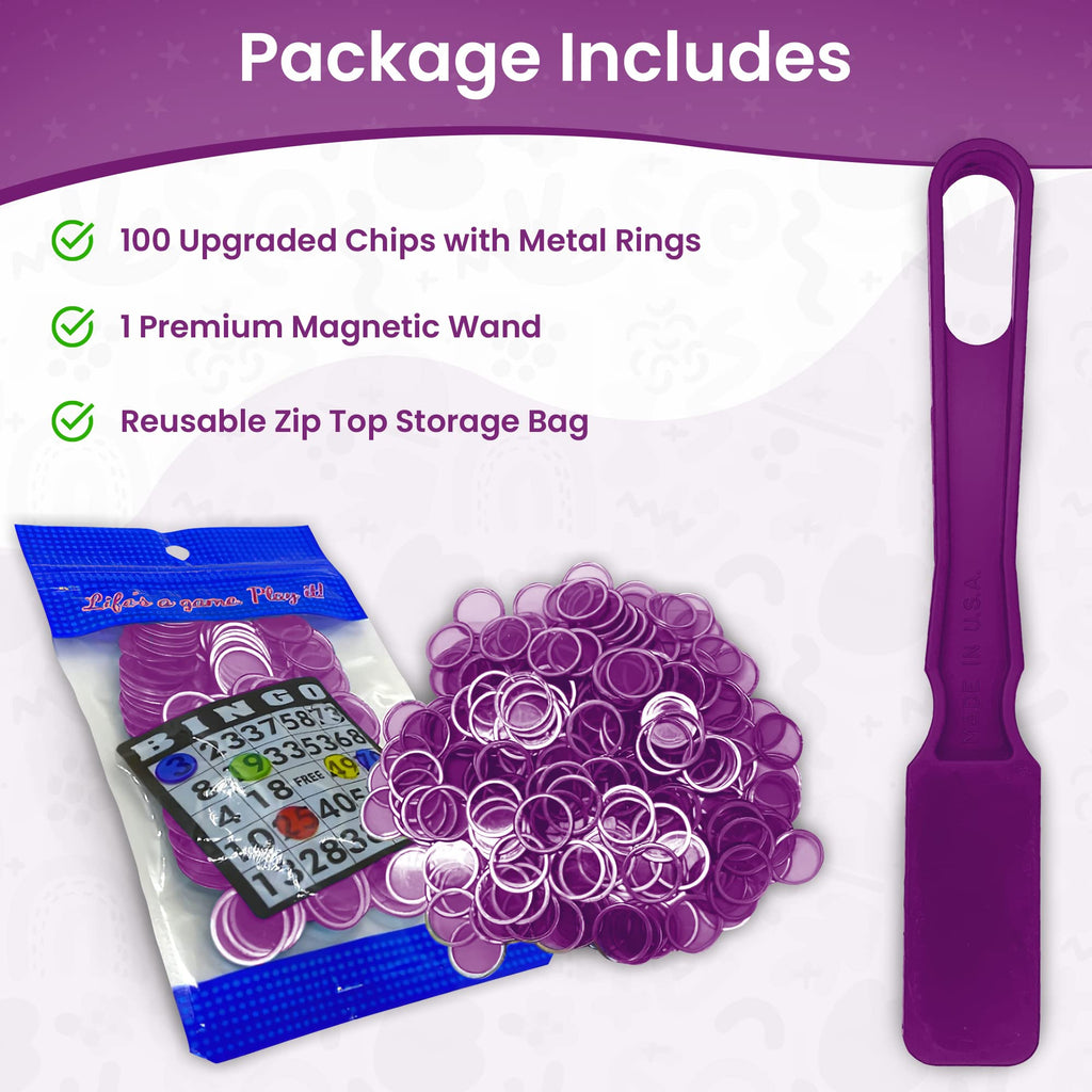 MR CHIPS Magnetic Wands and Chips Set – 100 Plastic Bingo Chips with Metal Rings, Reusable Storage Bag, 7 Colors, Made in USA