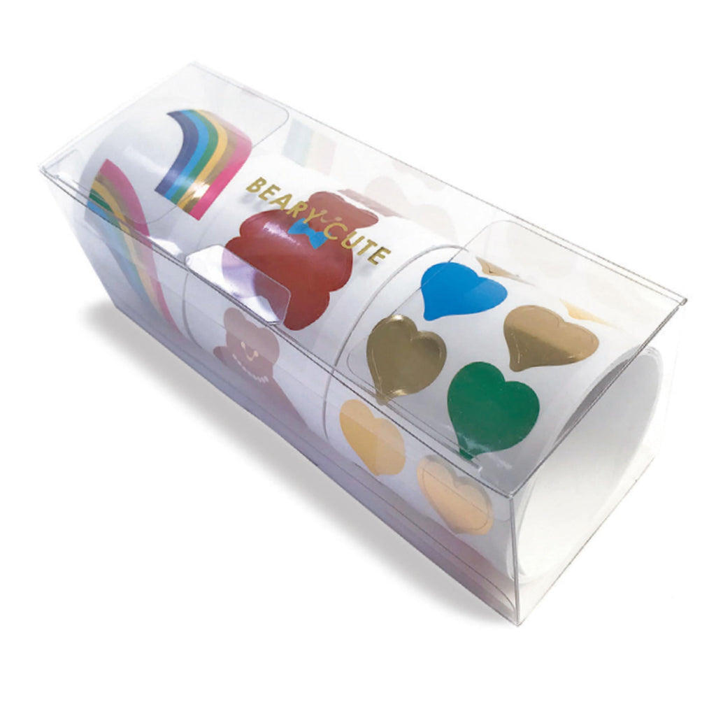 Mrs. Grossman's Beary Cute 3-Roll Sticker Gift Box – 175+ Premium Bear, Rainbow & Heart Stickers with Gold Foil