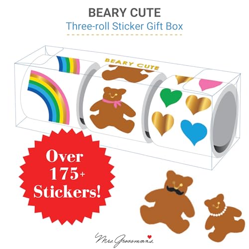 Mrs. Grossman's Beary Cute 3-Roll Sticker Gift Box – 175+ Premium Bear, Rainbow & Heart Stickers with Gold Foil