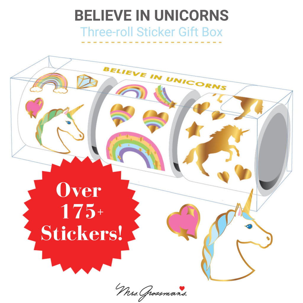 Mrs. Grossman's Believe in Unicorns Gift Box: 3 Rolls of Stickers with Over 175 Unicorns, Rainbows, Hearts & More for Scrapbooking, Journaling, and Crafting