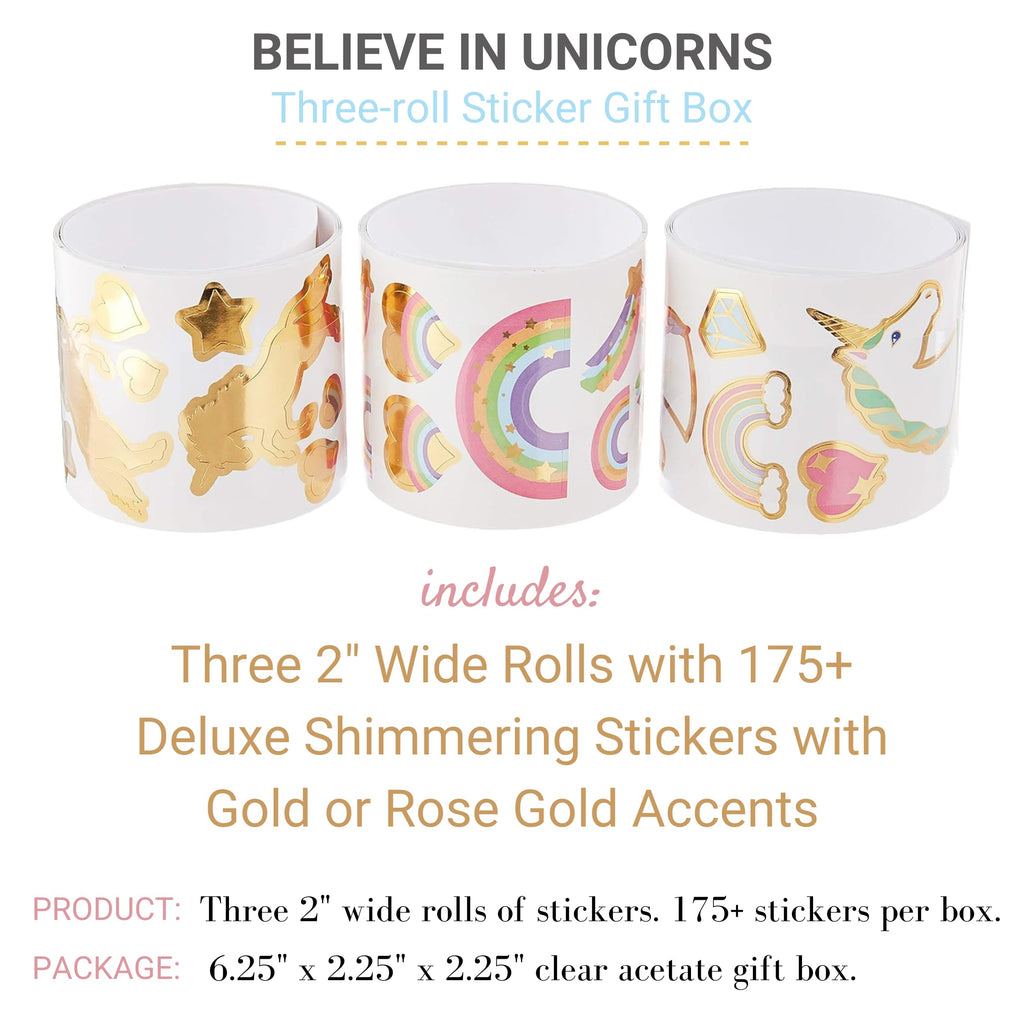 Mrs. Grossman's Believe in Unicorns Gift Box: 3 Rolls of Stickers with Over 175 Unicorns, Rainbows, Hearts & More for Scrapbooking, Journaling, and Crafting
