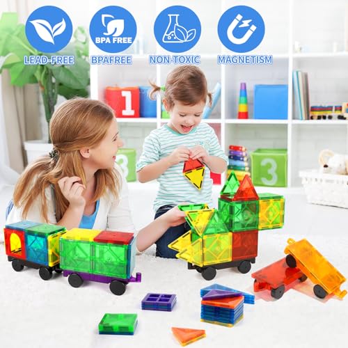 Mruikeny 4-Piece Magnetic Tiles Cars Set - Compatible Magnetic Building Blocks for Kids 3+