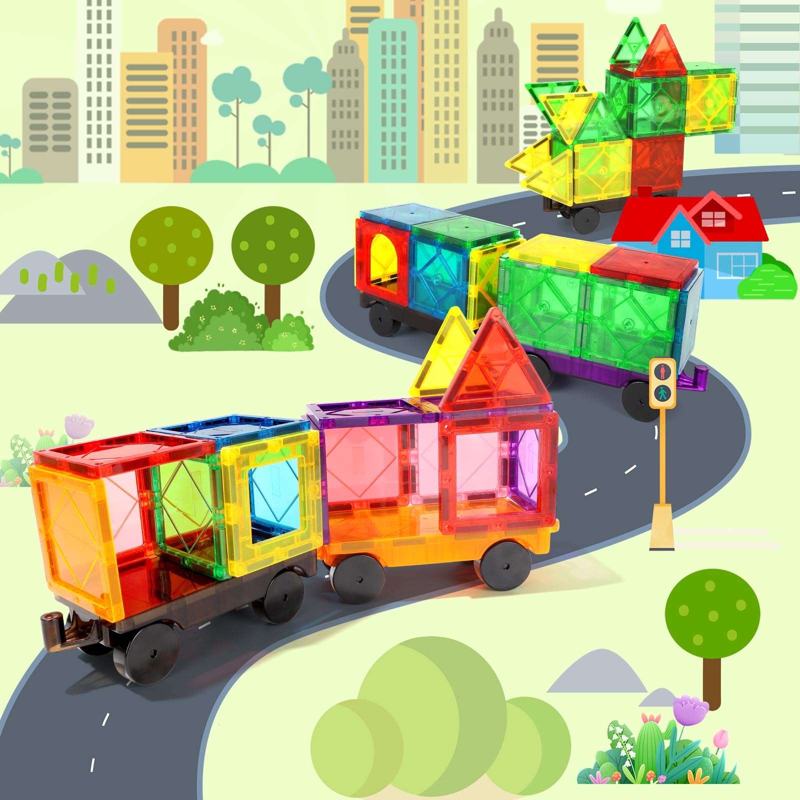Mruikeny 4-Piece Magnetic Tiles Cars Set - Compatible Magnetic Building Blocks for Kids 3+