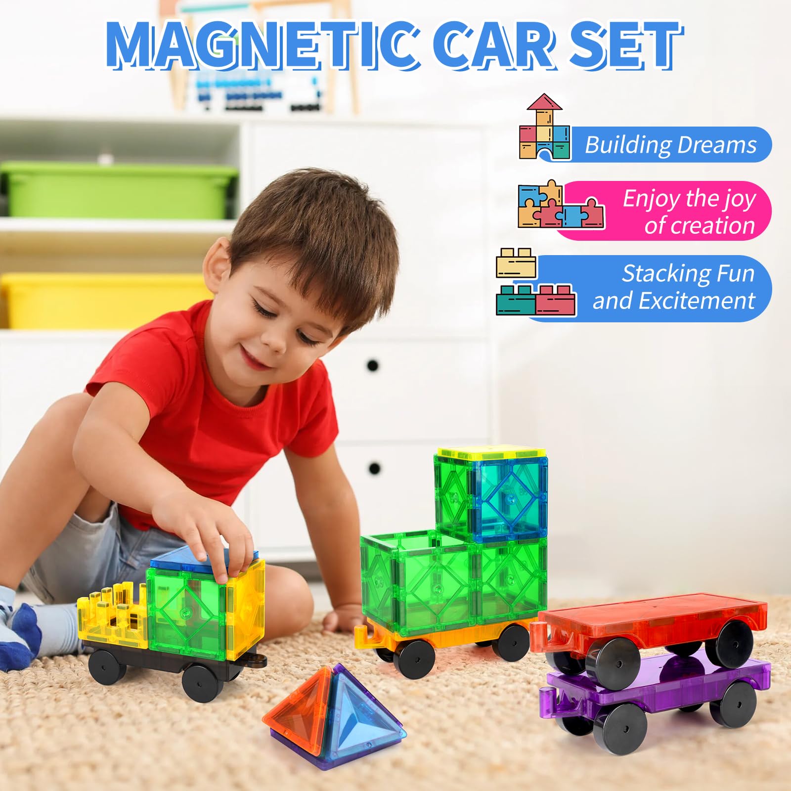 Mruikeny 4-Piece Magnetic Tiles Cars Set - Compatible Magnetic Building Blocks for Kids 3+