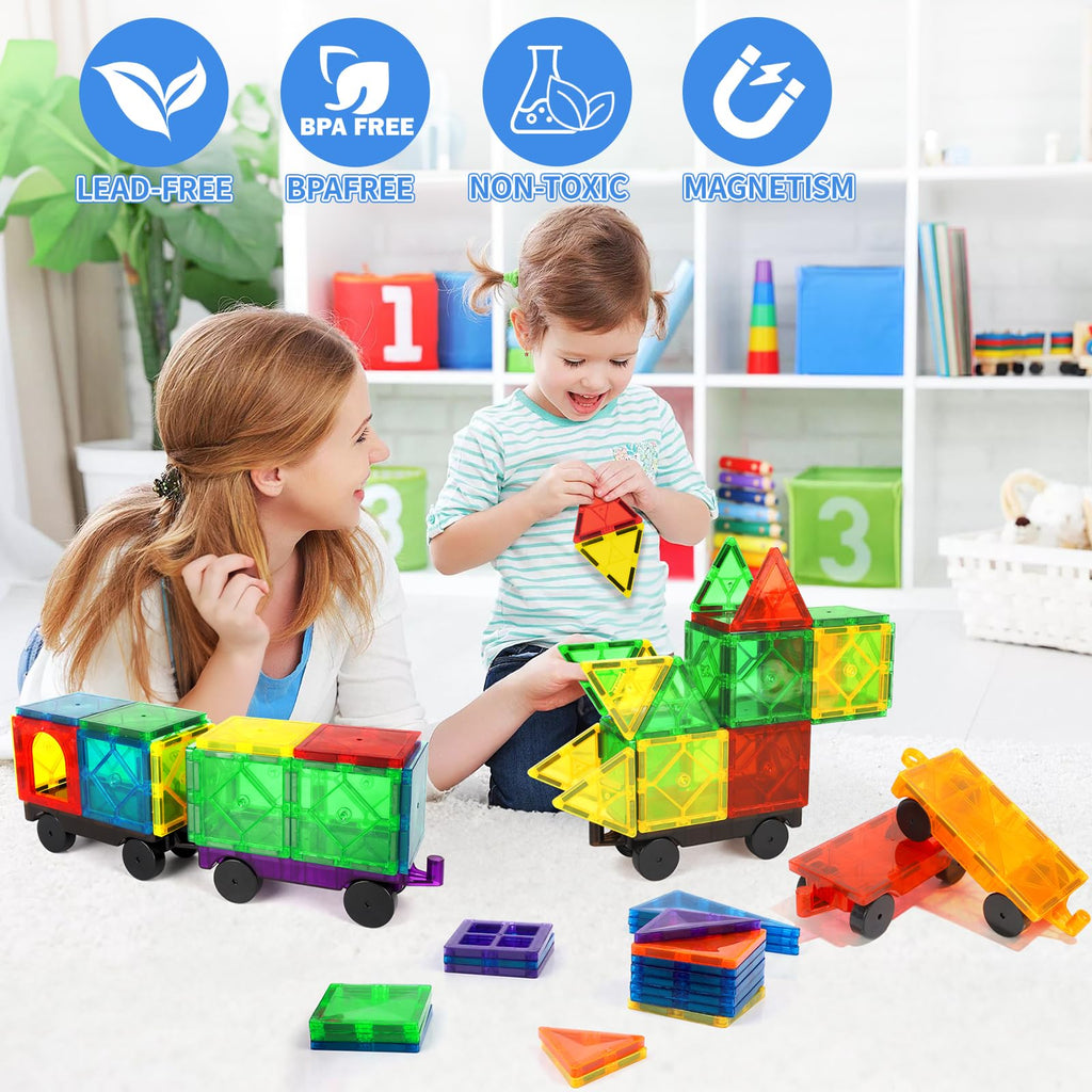 Mruikeny 4-Piece Magnetic Tiles Cars Set - Compatible Magnetic Building Blocks for Kids 3+