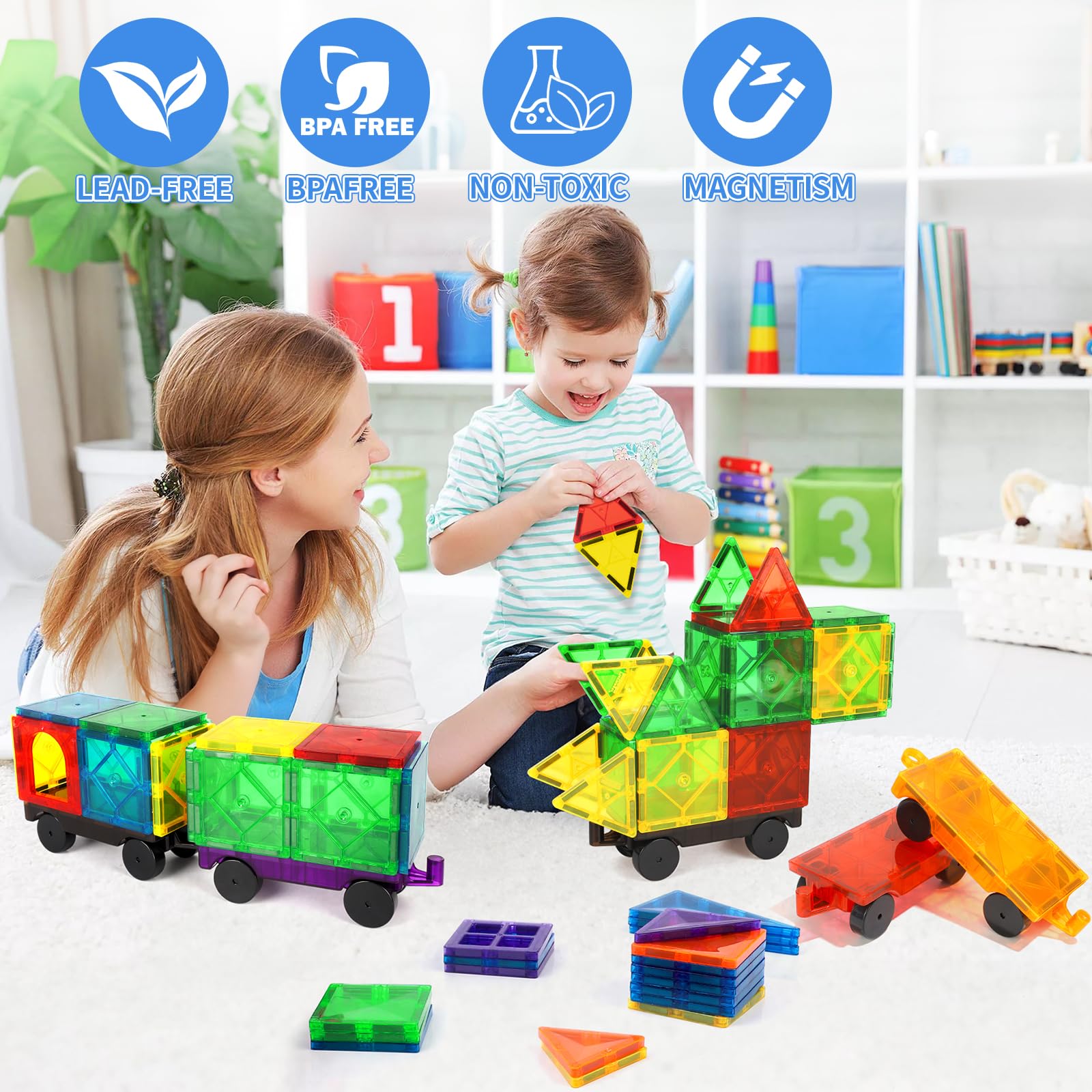 Mruikeny 4-Piece Magnetic Tiles Cars Set - Compatible Magnetic Building Blocks for Kids 3+