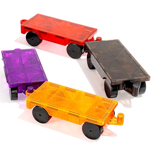 Mruikeny 4-Piece Magnetic Tiles Cars Set - Compatible Magnetic Building Blocks for Kids 3+