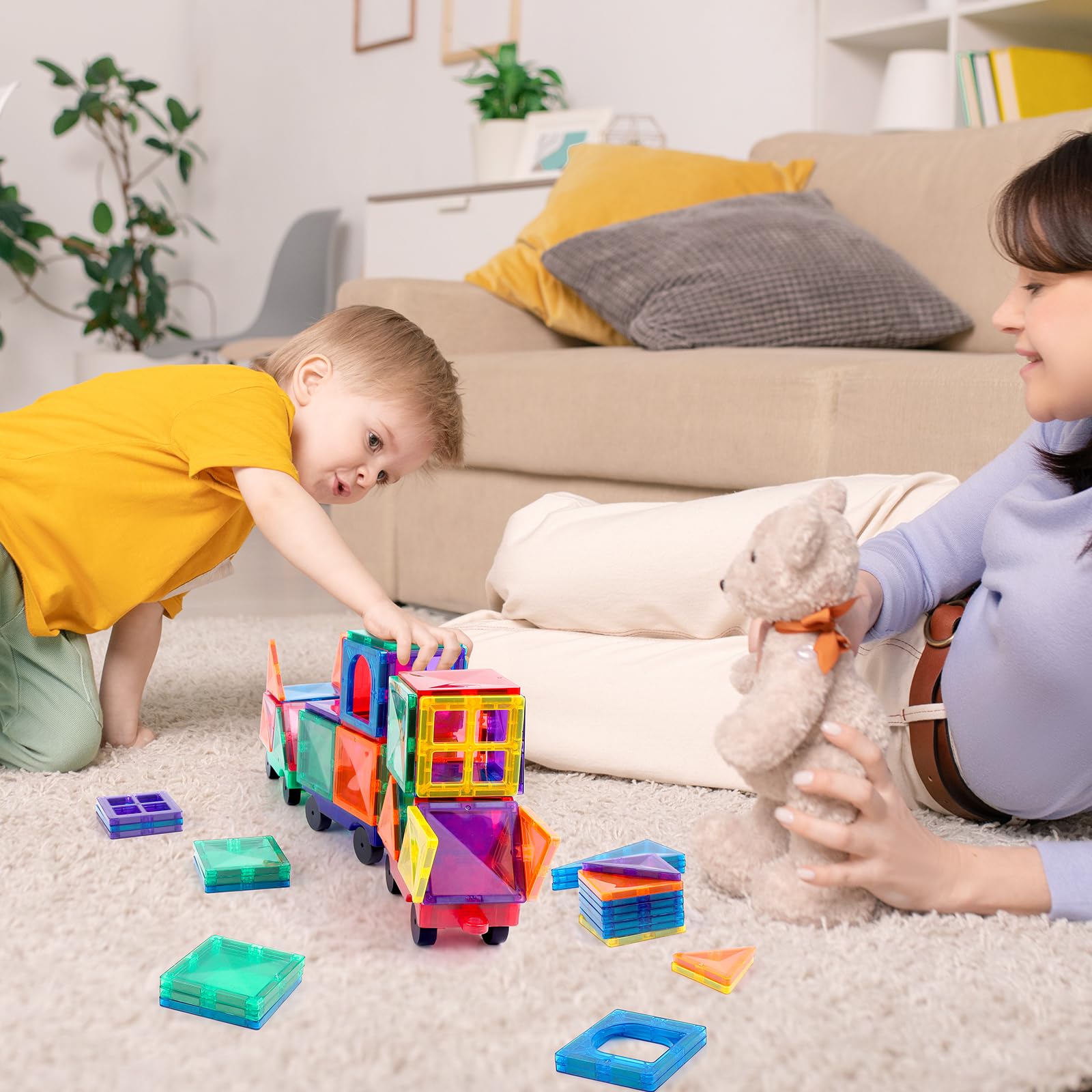 Mruikeny Magnetic Tiles Cars Construction Set – 4-Pack Magnet Building Blocks for Kids Ages 3+