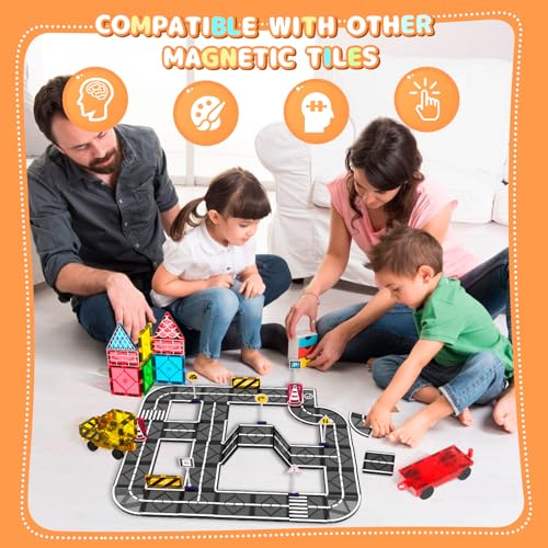 Mruikeny Magnetic Tiles Road Set – 23 Piece STEM Building Blocks with Road Signs for Kids Ages 3-8