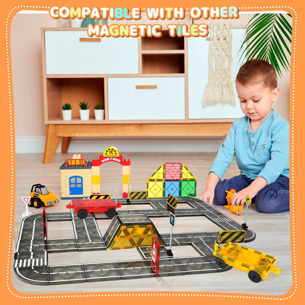 Mruikeny Magnetic Tiles Road Set – 23 Piece STEM Building Blocks with Road Signs for Kids Ages 3-8