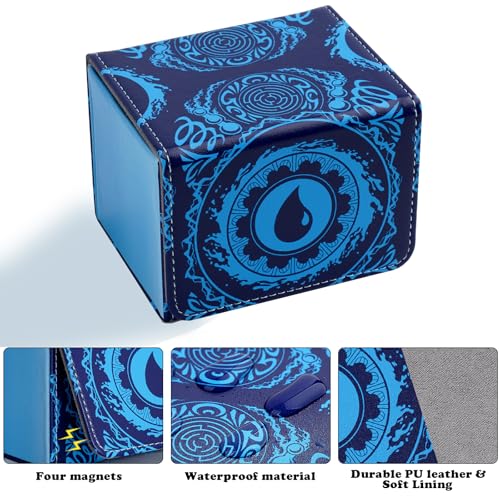 MTGPRO Blue Deck Box - Holds 120+ Sleeved Cards, Waterproof PU Leather Magnetic Case for MTG and TCG